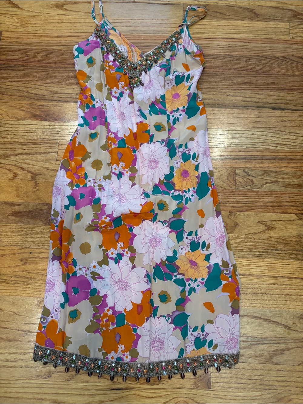 Beaded V-Neck Floral Slip Dress — Multicolor Floral